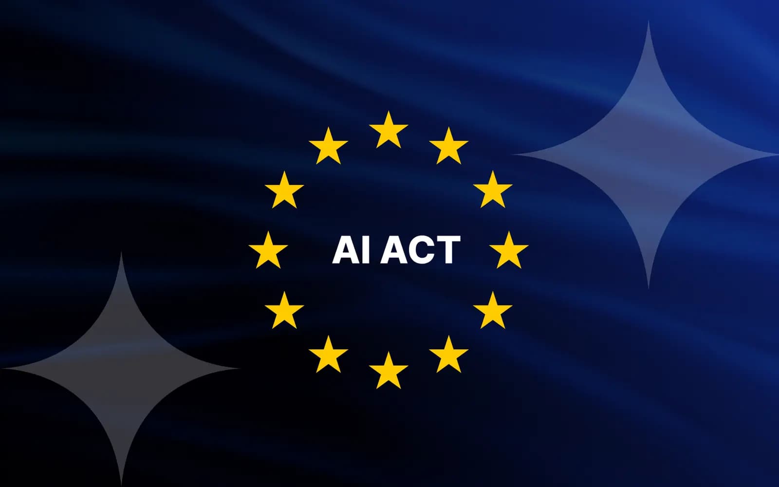 AI Act - el círculo de estrellas de la UE con las palabras AI ACT sobre un fondo de bandera azul oscuro