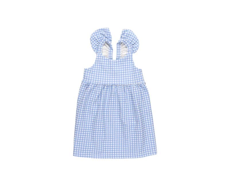 Vestido azul de cuadros vichy con mangas de volantes para niña pequeña