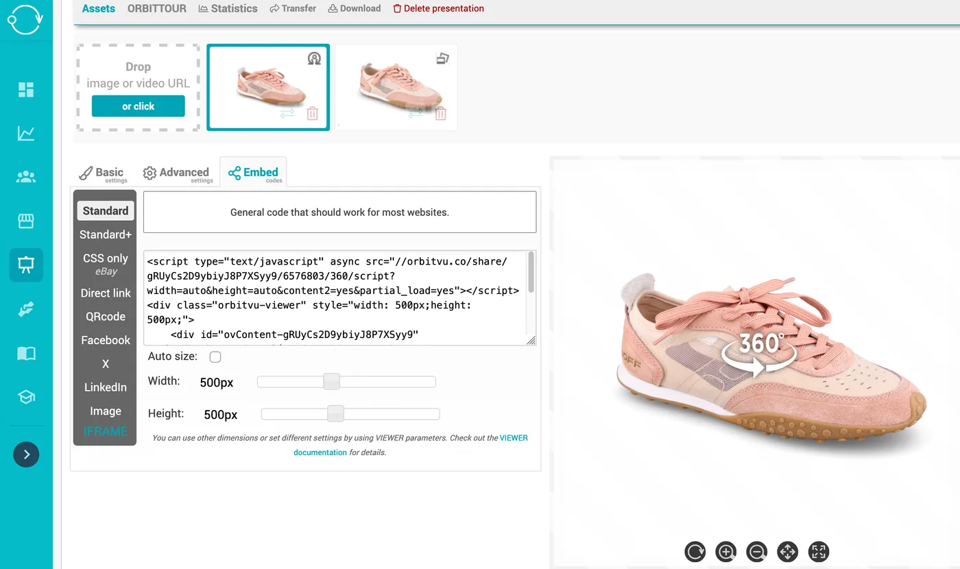 Configuración de presentación de la vista de producto en 360°