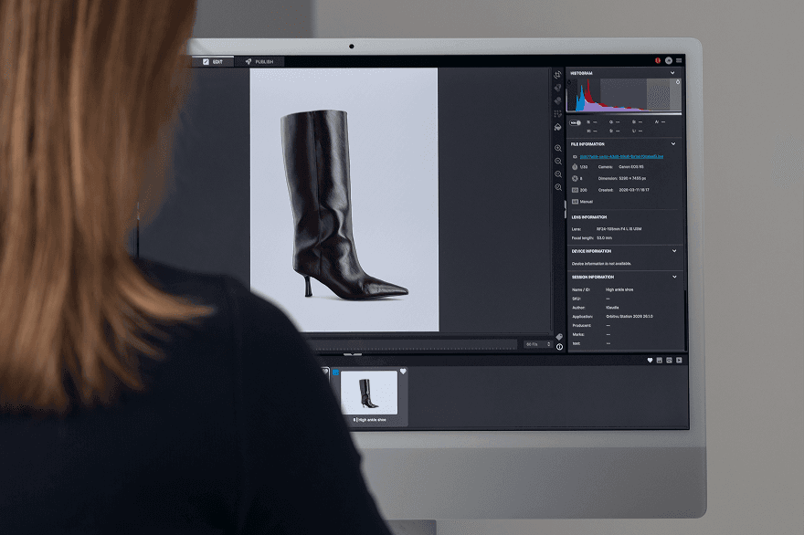 vista de edición de Orbitvu Station - software de edición de fotografía de producto con histograma, metadatos e información de sesión