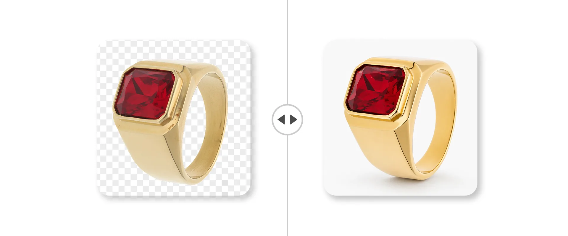 AI Retoucher antes y después: un anillo sello de oro con una gema roja, limpiado automáticamente