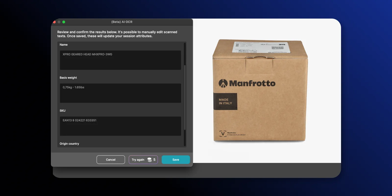 AI OCR extrayendo nombre de producto, peso, SKU y país de origen de un embalaje de cartón en Orbitvu Station