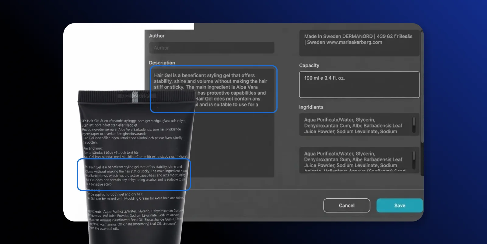 AI OCR extrayendo la descripción del producto y la capacidad de una etiqueta de producto en Orbitvu Station