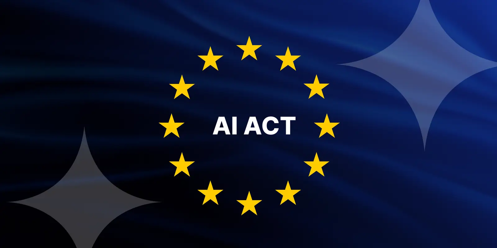 AI Act - el círculo de estrellas de la UE con las palabras AI ACT sobre un fondo de bandera azul oscuro