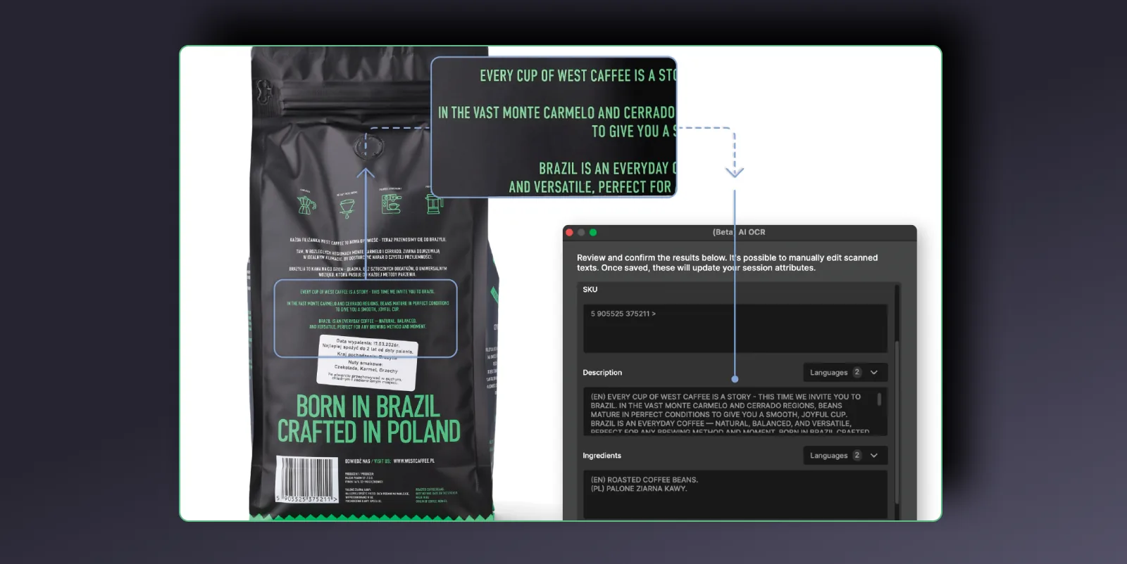 AI OCR en Orbitvu Station leyendo el SKU, la descripción y los ingredientes del embalaje de un producto hacia los atributos de sesión