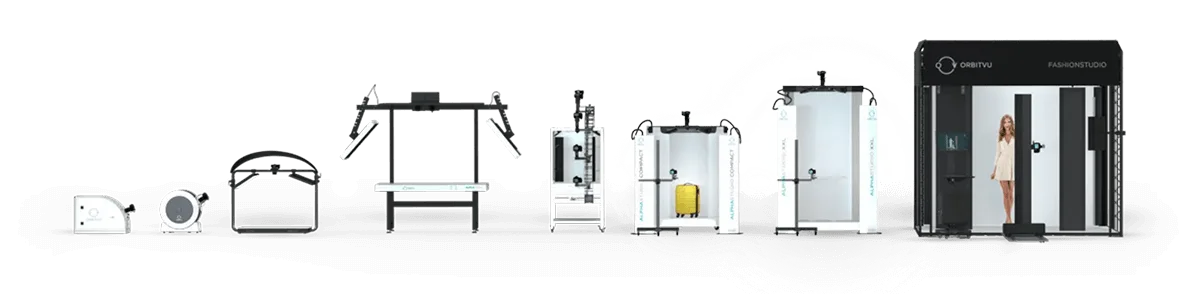 Gama de estudios Orbitvu para fotografía de producto automatizada, desde platos compactos hasta el Fashion Studio completo